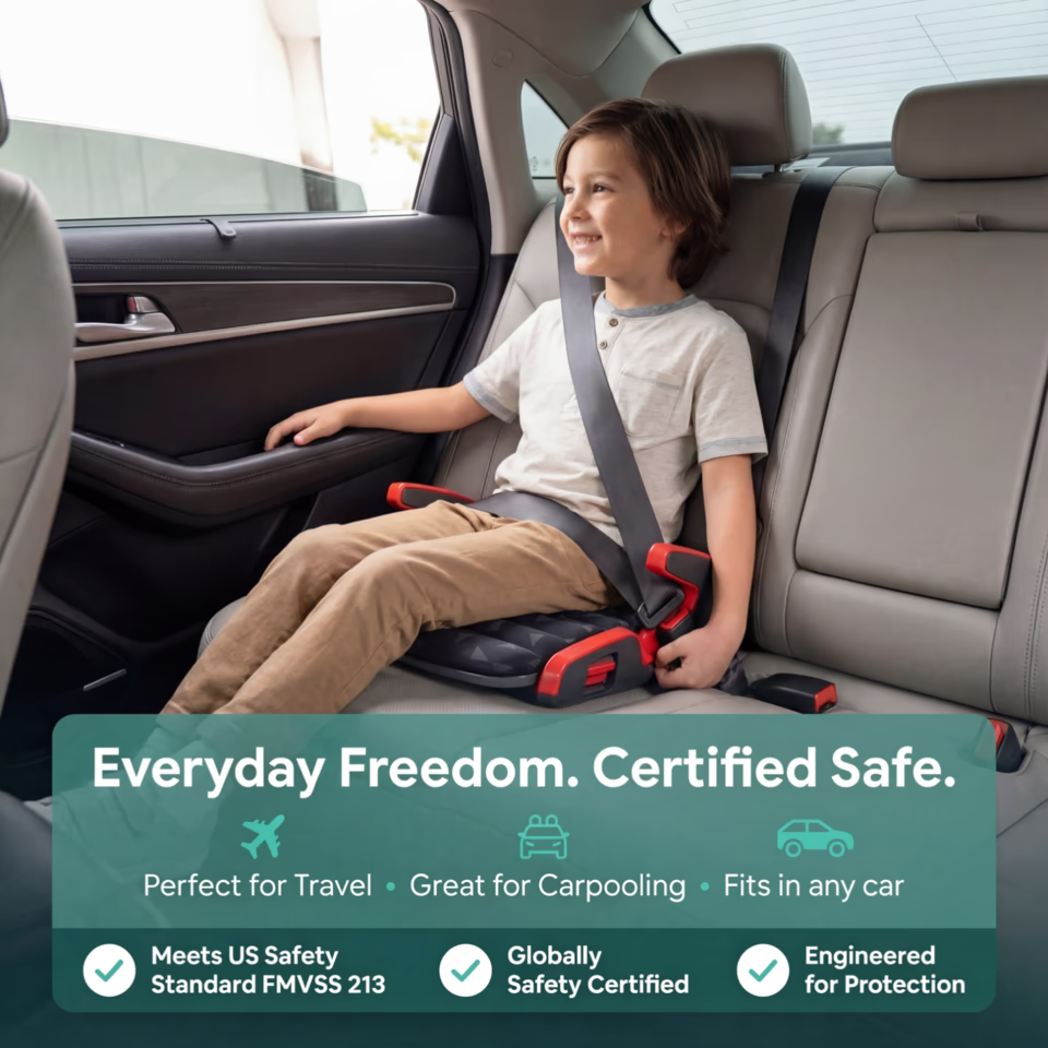 Hifold in Slate Gray: child riding in a car with everyday freedom and certified-safety messaging