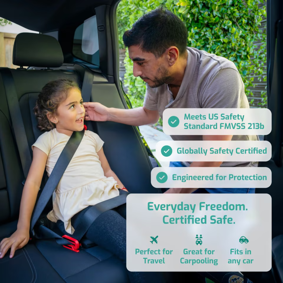Mifold Comfort in Ocean Blue: child riding in a car with safety, certification, travel, carpool, and fit messaging