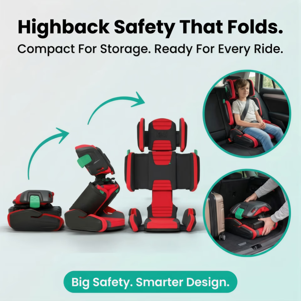 Hifold in Red: high-back safety system shown folded for compact transport