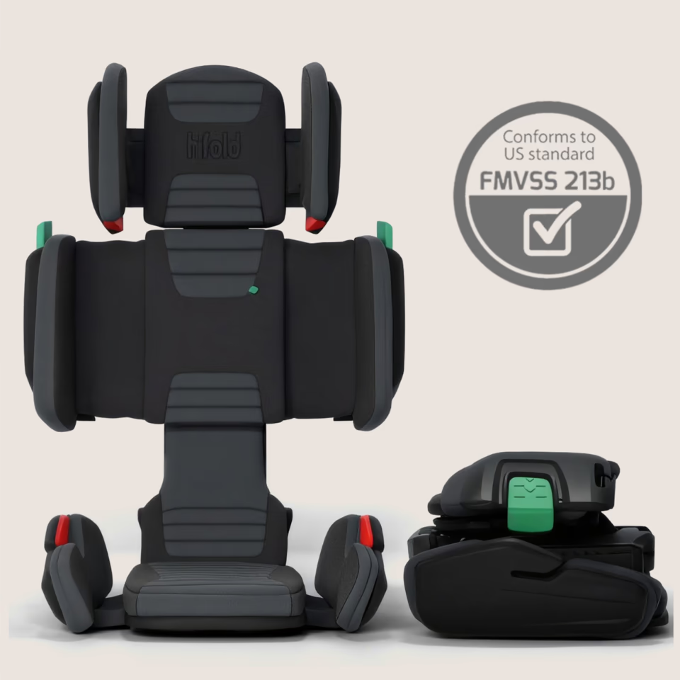 Hifold in Slate Gray: folded and expanded high-back booster with its FMVSS 213b safety badge