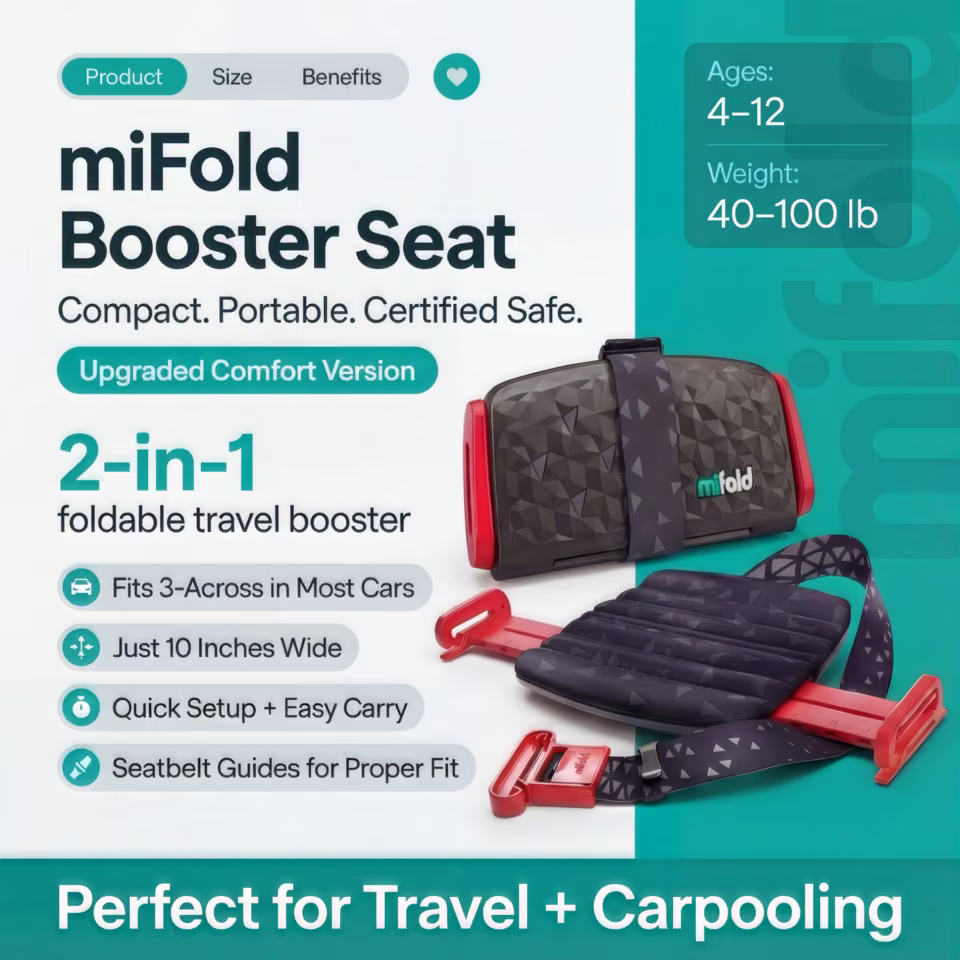 Mifold Comfort in Charcoal Gray: folded and open booster with travel, fit, and child-size specifications