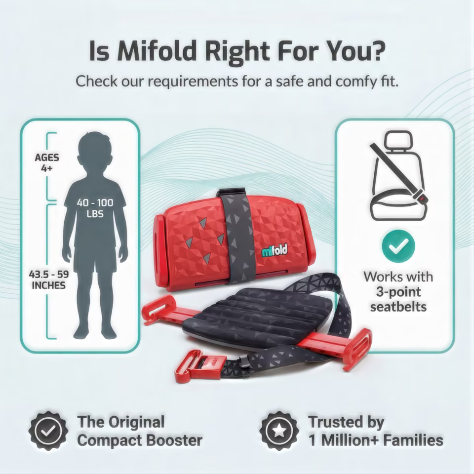Mifold Comfort in Racing Red: age, weight, height, and three-point seatbelt fit requirements