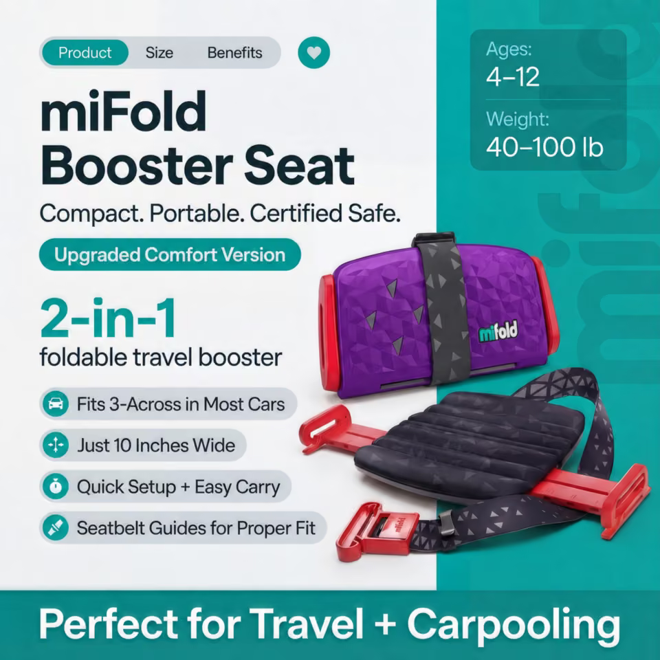 Mifold Comfort in Royal Purple: folded and open booster with travel, fit, and child-size specifications