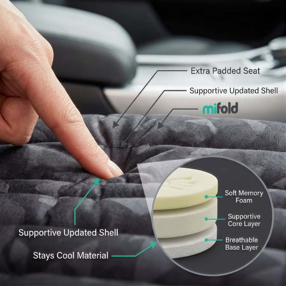Mifold Comfort in Ocean Blue: close-up of the padded seat and breathable material layers